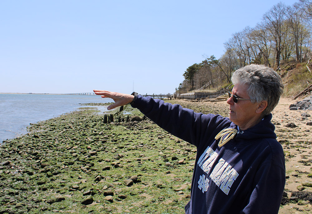 En la costa de la bahía, la hermana Kerry Handal extiende el brazo para señalar las áreas de cultivo de algas. 
