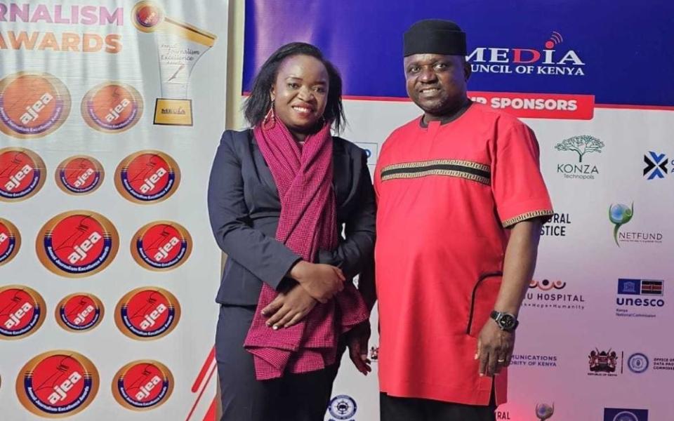 Doreen Ajiambo, Africa regional correspondent for Global Sisters Report, is honored at the Annual Journalism Excellence Awards, with Victor Bwire, the deputy chief executive officer, Media Council of Kenya.