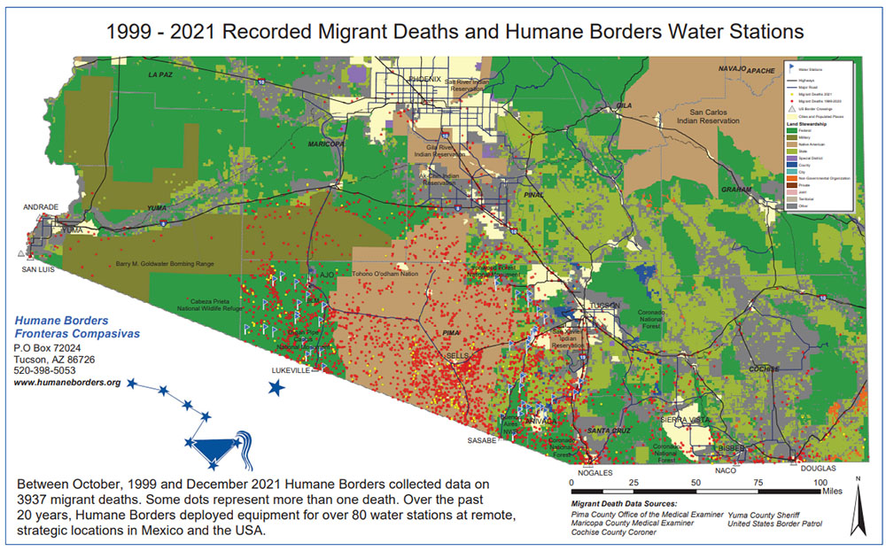 Humane Borders' map of records of migrant deaths in the Arizona desert from 1999 to 2021 (GSR screenshot)