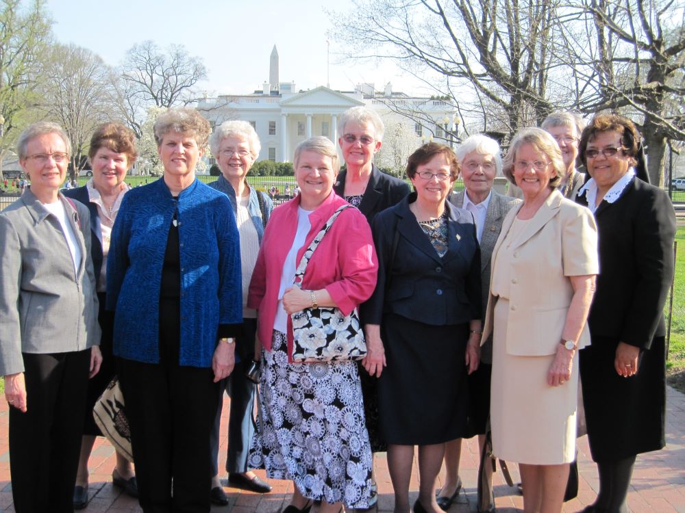 Sisters from almost a dozen congregations gathered in Washington, D.C., in 2013 to advise the Obama administration about human trafficking, an effort that led to the formation of the U.S. Catholic Sisters Against Human Trafficking. Pictured are (from left) Mercy Sr. Jeanne Christensen; Charity Sr. Kathleen Bryant; Sylvania Franciscan Sr. Geraldine Nowak; Sister of the Humility of Mary Sr. Anne Victory; Sisters, Servants of the Immaculate Heart of Mary Sr. Ann Oestreich; Ursuline Sr. Michele Morek; St. Josep