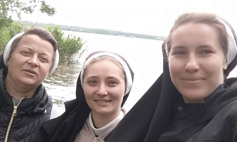 Sr. Lucia Murashko, left, is pictured with the two other sisters of the St. Basil the Great convent in the city of Zaporizhzhia, in southeastern Ukraine. The sisters are Sr. Meletia Hajniuk, center, and Sr. Elizabeth Varnitska. (Courtesy of Sr. Lucia Murashko)