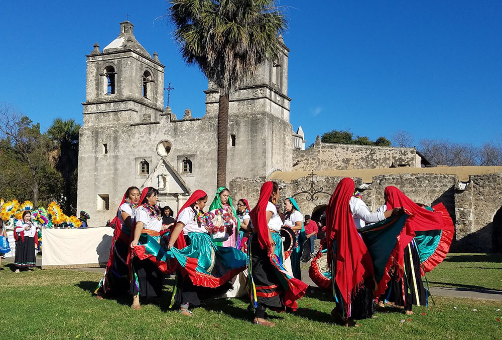 At Mission Concepción in San Antonio, hundreds gather annually to dance their prayers in the Matachines Festival between the feasts of the Immaculate Conception and Our Lady of Guadalupe. (Courtesy of Martha A. Kirk)