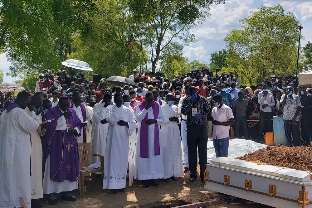 Members of the Archdiocese of Juba, South Sudan, attend the Aug. 20, 2021, burial of Srs. Mary Daniel Abut and Regina Roba, Sisters of the Sacred Heart who were killed when their bus was attacked Aug. 16. (Courtesy of Christy John)