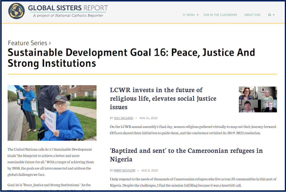 Global Sisters Report's new collection on the U.N. Sustainable Development Goals sorts news stories and sister columns into the goal that best fits the ministry in the story or column. (GSR screenshot)