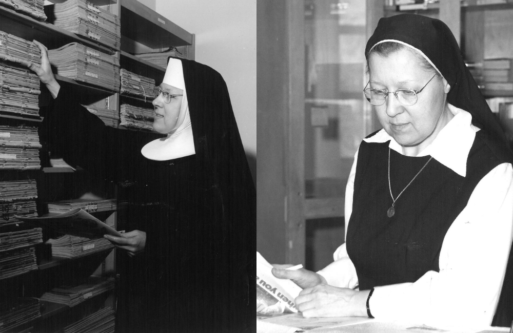 Chicago Benedictine Sr. Vivian Ivantic works as a librarian in undated photos. (Courtesy of the Benedictine Sisters of Chicago)