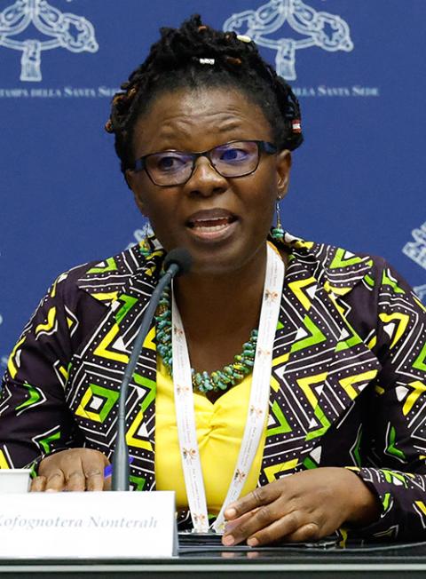 Nora Kofognotera Nonterah, a Ghanaian theologian and synod voting member, speaks during a briefing at the Vatican Oct. 25. (CNS/Lola Gomez)