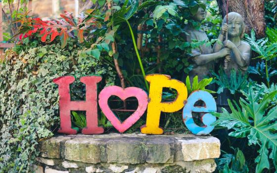 cutout letters in a garden spell "HOPE"