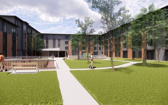 This architectural rendering shows a 100-unit apartment building to be developed on the east side of the former Marylhurst University campus in Lake Oswego, Oregon. 