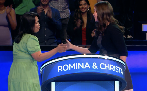 Sisters of Charity of Cincinnati Sr. Romina Sapinoso and Institute of the Blessed Virgin Mary Sr. Christa Parra compete on "Beat Shazam" on Fox. (GSR screengrab)