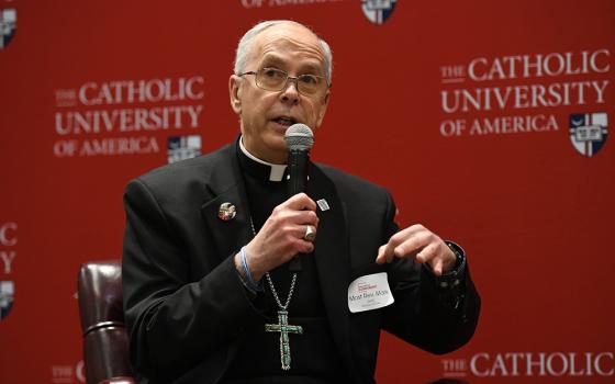Bishop Mark Seitz of El Paso, Texas, speaks during an immigration conference at The Catholic University of America in Washington April 11, 2024. (OSV News/Catholic University of America/Patrick Ryan)