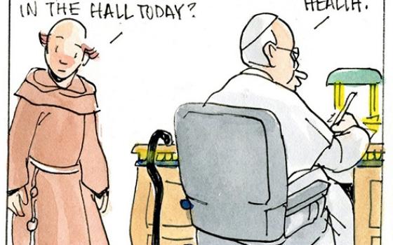 Francis, the comic strip: Two bishops visit Francis every day to check on his health. So thoughtful!