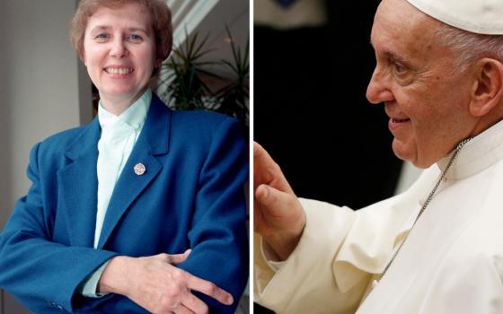Loretto Sister Jeannine Gramick, seen in this 2001 file photo, and Pope Francis, are seen in this composite photo. (CNS composite; photos by Nancy Wiechec and Paul Haring)
