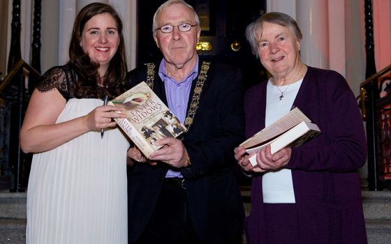 Sr. Margaret MacCurtain, right, is pictured with Sinéad McCoole (far left), historian and writer, and Lord Mayor of Dublin Christy Burke at the Mansion House, Dublin, in 2014 for the launch of McCoole's book "Easter Widows." (Lensman Photography/Sinéad Mc