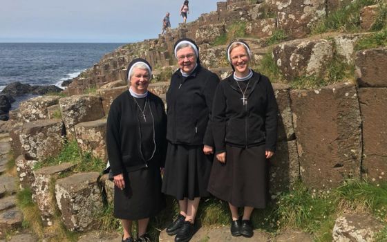 Sisters of the Apostles of the Sacred Heart of Jesus are pictured at the Giant's Causeway in Ireland. From left: Srs. Shawn Lyons, M. Clare Millea and the author, Kathryn Press (Courtesy of Kathryn Press)