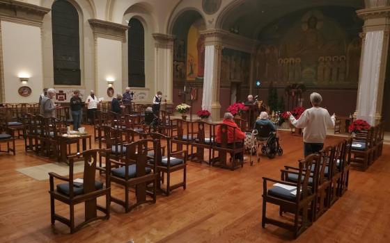 Benedictine Sisters pray Vespers together at St. Scholastica Monastery in Chicago, Illinois, on New Year's Eve, 2020. (Belinda Monahan)