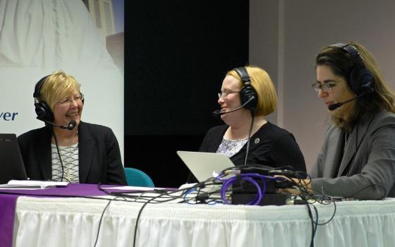 Immaculate Heart of Mary Sr. Maxine Kollasch, Benedictine Sr. Heather Jean Foltz, and Immaculate Heart of Mary Sr. Julie Vieira record a podcast for A Nun's Life Ministry at the Our Lady of Grace Benedictine Monastery in Beech Grove, Indiana, Nov. 14, 2014. (Dan Stockman).