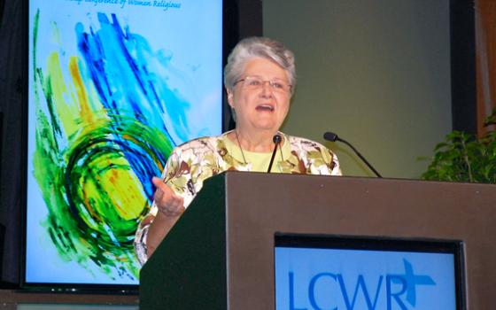 Franciscan Sr. Nancy Schreck, a past president of the Leadership Conference of Women Religious, speaks Thursday to members gathered in Nashville, Tenn., for the group's annual assembly. (Dan Stockman)