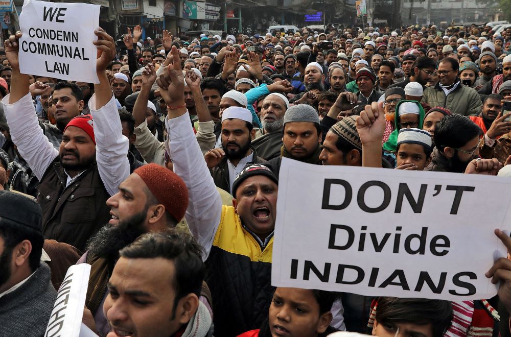 Demonstrators in Delhi, India, protest a new citizenship law Dec. 27, 2019.
