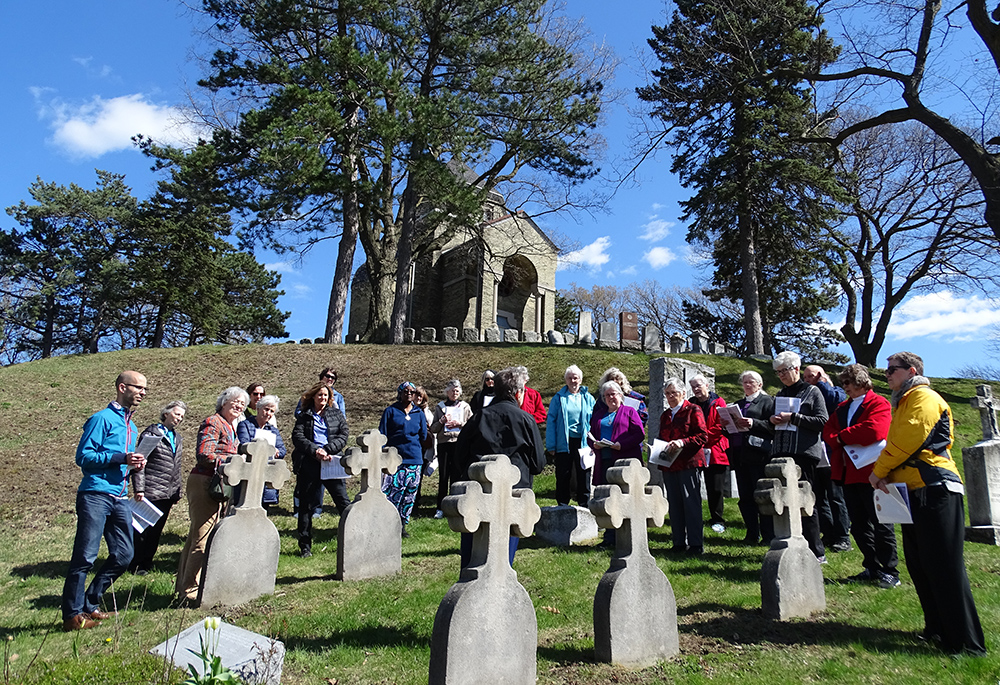 On April 20-21, 25 Franciscan Sisters of Perpetual Adoration and affiliates made a pilgrimage hosted by the Sisters of St. Francis of Assisi, visiting St. Coletta of Wisconsin, where the original sisters first served, then to Milwaukee where they spent time at the Sisters of St. Francis’ convent and Calvary Cemetery, seen here, where the original sisters from Bavaria are interred. (Courtesy of Franciscan Sisters of Perpetual Adoration)