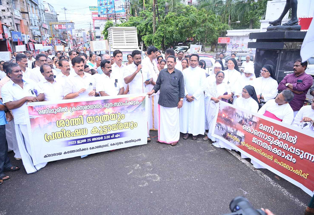 The Kerala Conference of Major Superiors joins the Kerala Catholic Bishops’ Council and lay associations a protest to demand justice for the victims of ethnic violence in northeastern Indian state of Manipur on June 25, 2023. (Courtesy of Sr. Ardra Kuzhinapurathu)
