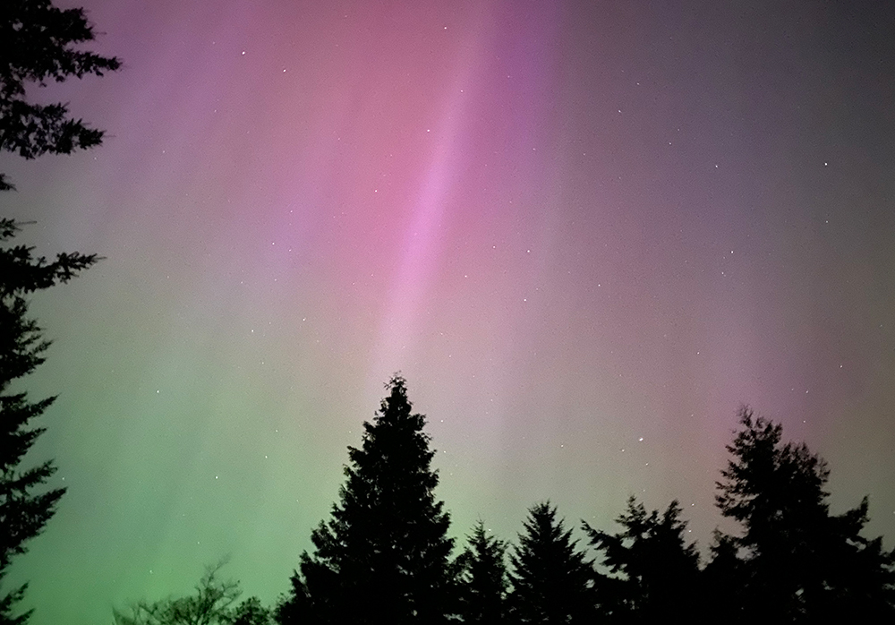 The aurora borealis is seen in Washington state in May 2024. (Wikimedia Commons/RailworksAmerica)