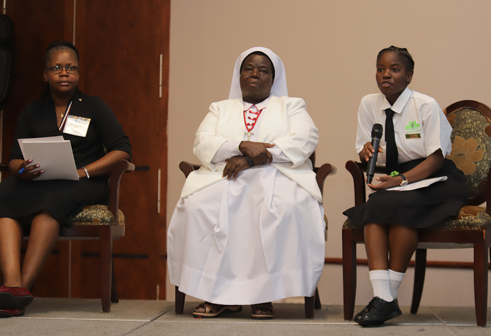 Sr. Sacred Heart of Jesus Sr. Rosemary Nyirumbe leads a panel discussion on the importance of working on empowering youths. (GSR photo/Doreen Ajiambo)