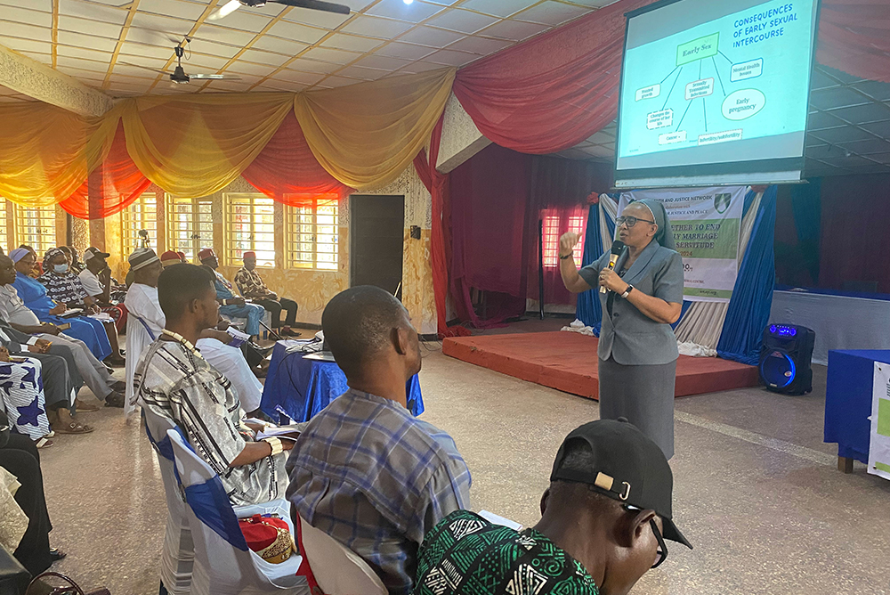 Medical Missionaries of Mary Sr. Elante Ekop speaking at the workshop in Abakaliki, Ebonyi State, Nigeria in January 2024. (Young men and women of the Ndiboteke community. (Teresa Anyabuike)