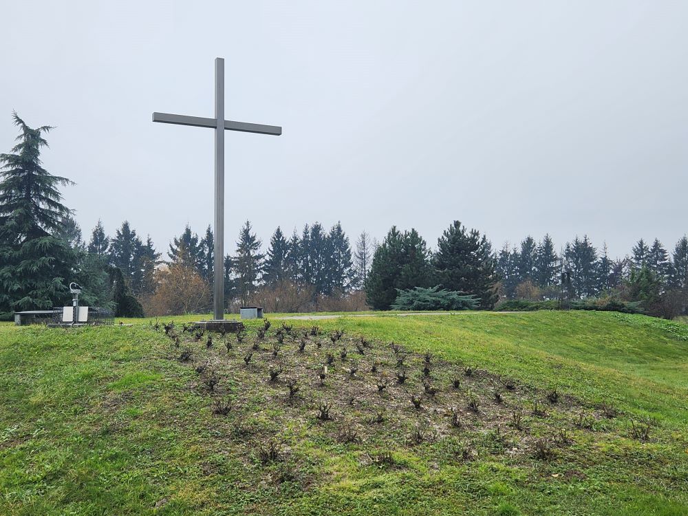 A garden and cross stand on the grounds of the St. Joseph's Home for Children, outside the Croatian capital of Zagreb. 
