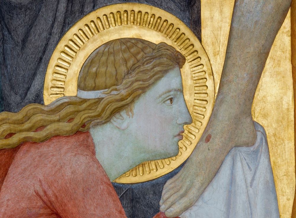 Mary Magdalene washes Jesus' feet in this detail from a fresco in the Carmelite church in Vienna, Austria.