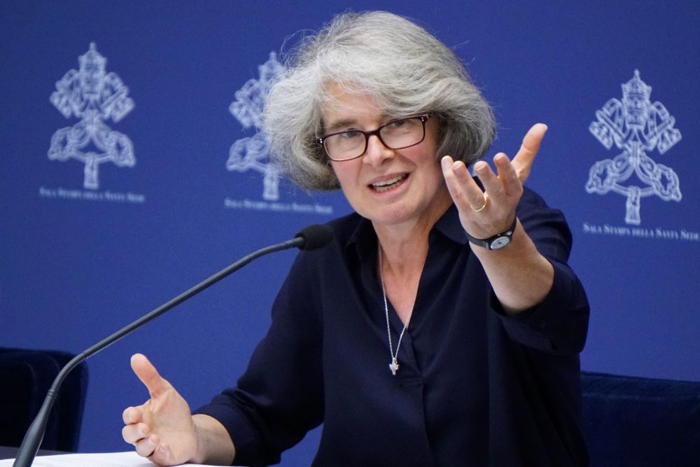 Xavière Missionary Sr. Nathalie Becquart, undersecretary of the synod, responds to a question during a news conference at the Vatican Sept. 8, 2023. (CNS/Justin McLellan)