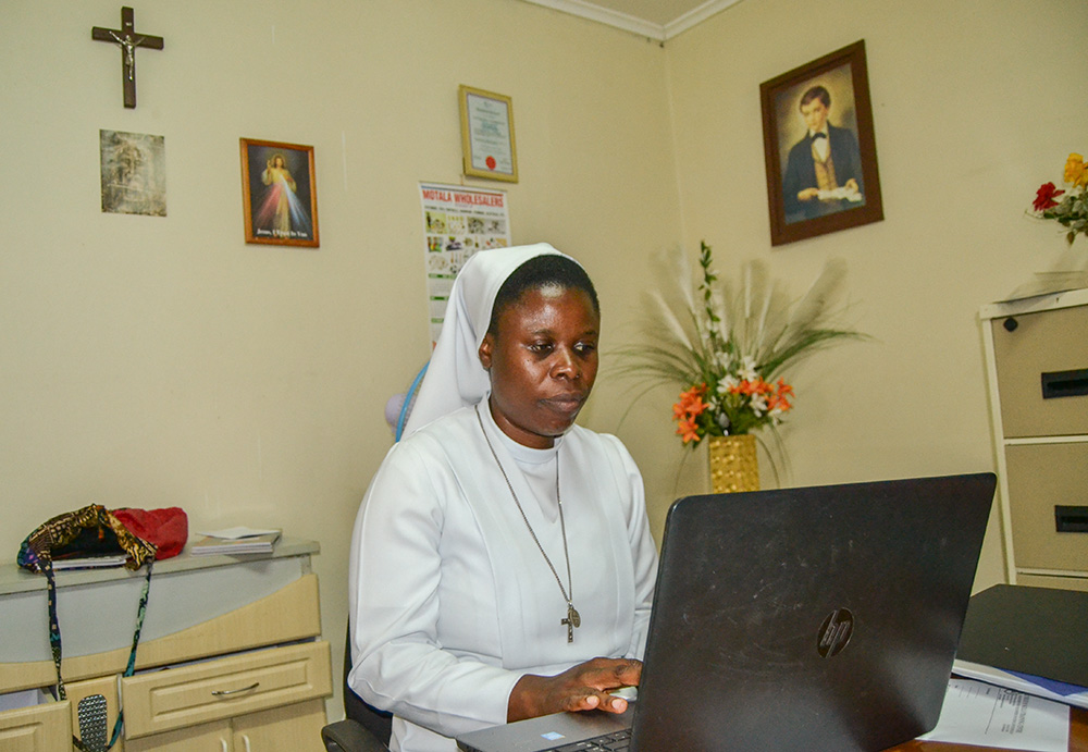 Salesian Sr. Margaret Mutale in her office at the Auxilium Skills Training Center in Makeni, Lusaka, Zambia (GSR photo/Derrick Silimina)