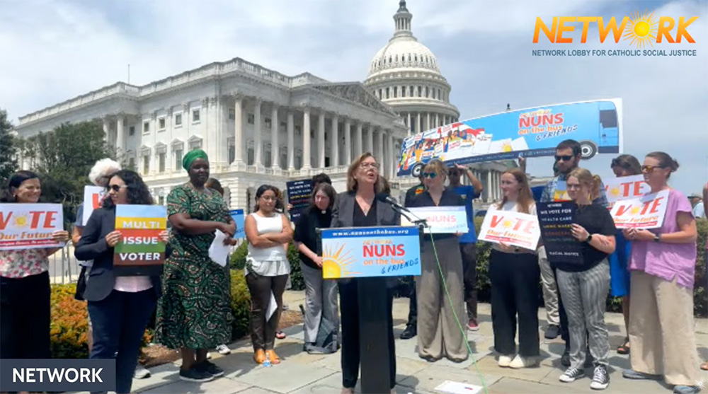 Network Executive Director Mary Novak speaks at a press conference in Washington, D.C., July 23 announcing the return of the social justice lobby's Nuns on the Bus tour. (GSR screenshot)