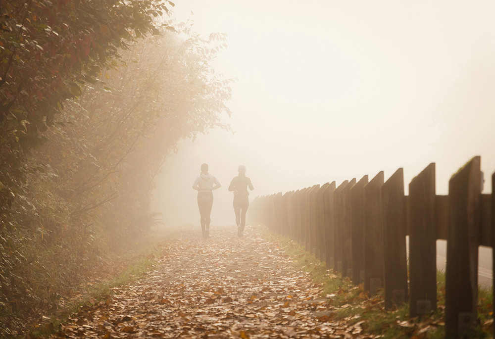 Two people walk outside in a rustic fall setting, moving toward a foggy horizon.(Unsplash/Greg Rosenke)