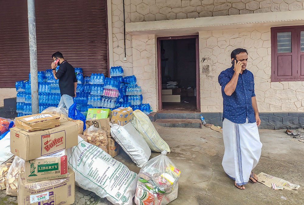 A relief material collection center at Sacred Heart Church, Kalpetta, Wayanad, Kerala, distributed needed materials to various relief camps. (Thomas Scaria)