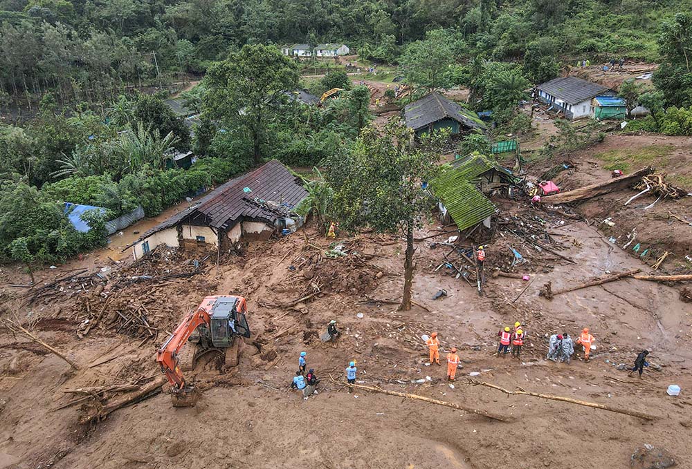 A drone view shows destroyed homes in the southern state of Kerala, India, Aug. 1, following multiple landslides in the hills in Wayanad district. (OSV News/Reuters/Francis Mascarenhas)