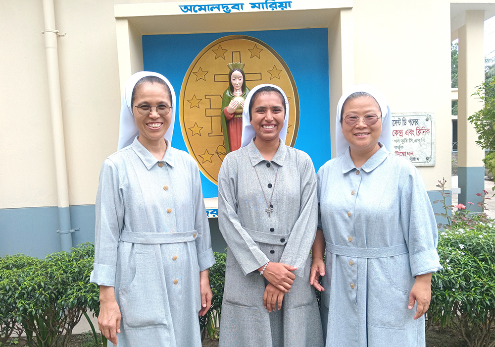 Srs. Maria Josephina, Maria Taegon Andrea and Maria Hyo Tjou Agnes, all of the Sisters of Charity of St. Vincent de Paul, Bangladesh, are pictured at St. Vincent's Center & Clinic, Mymensingh. (GSR photo/Sumon Corraya)