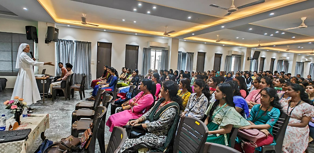 St. Ann of Providence Sr. Severine Menezes leads an awareness workshop on the dignity of women at Athena College of Nursing, Mangalore, southwestern India. (Courtesy of Severine Menezes)