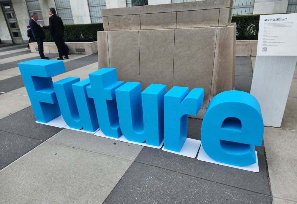  A sculpture outside the United Nations' General Assembly Building during the Sept. 22-23 Summit of the Future made of large blue letters that spell "Future."