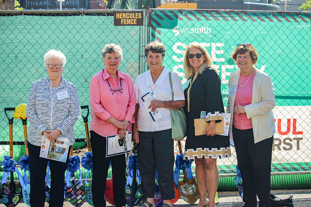 At the groundbreaking this year of a new building for the Washington School for Girls are (from left): Sr. Eileen McDevitt of the Society of the Holy Child Jesus; Sr. Mary Bourdon of the Religious of Jesus and Mary; Sr. Janet Stolba of the Religious of Jesus and Mary; Bridget Morris, chair of the Washington School for Girls Board of Trustees; and C. Maury Devine, chair of the Building Dreams Capital Campaign. (Courtesy of Washington School for Girls)