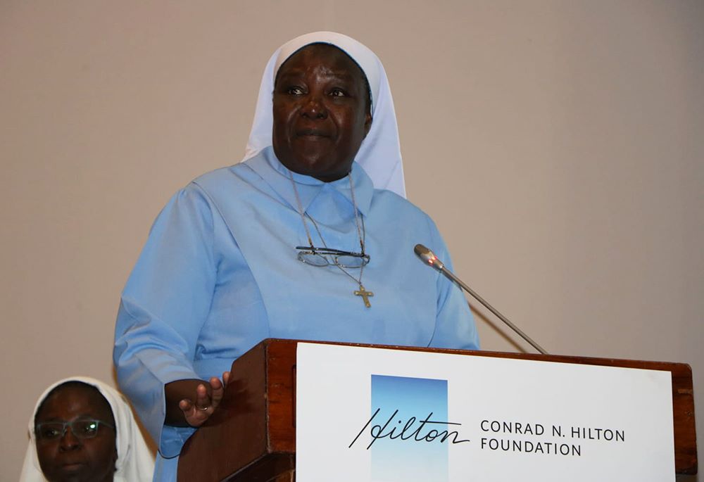 Sr. Draru Mary Cecilia, ASEC's executive director, addresses people during the Conrad N. Hilton Foundation convening on May 30 in Lusaka, Zambia. 