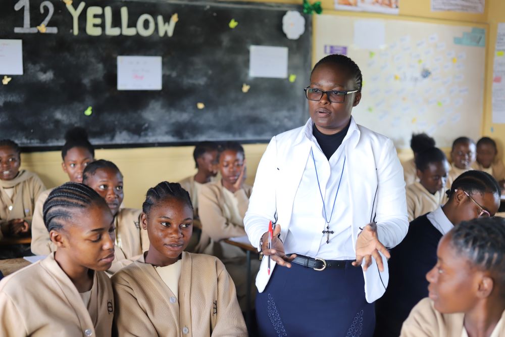 Sr. Angela Ngwenyufu interacts with her students at St. Patrick's Secondary Girls School in Lusaka, Zambia, on May 25. 