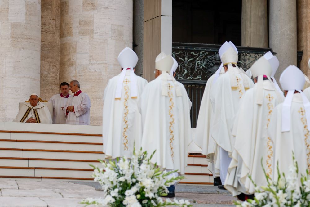 Bishops process toward the altar in St. Peter's Square during Mass with Pope Francis for the opening of the Synod of Bishops on synodality at the Vatican Oct. 2. (CNS/Lola Gomez)