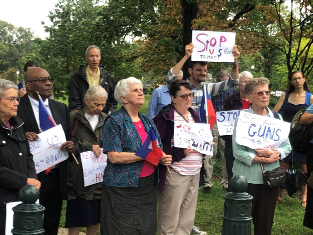 Advocates from sister congregations and peace groups concerned about arms trafficking into Haiti gather outside U.S. Senate office buildings Sept. 27. 