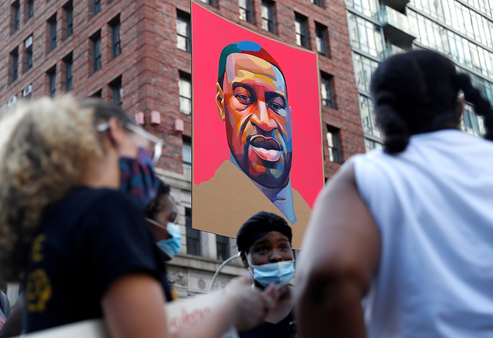 A portrait of George Floyd is seen in New York City during a protest against racial inequality June 8, 2020. (CNS/Reuters/Shannon Stapleton)