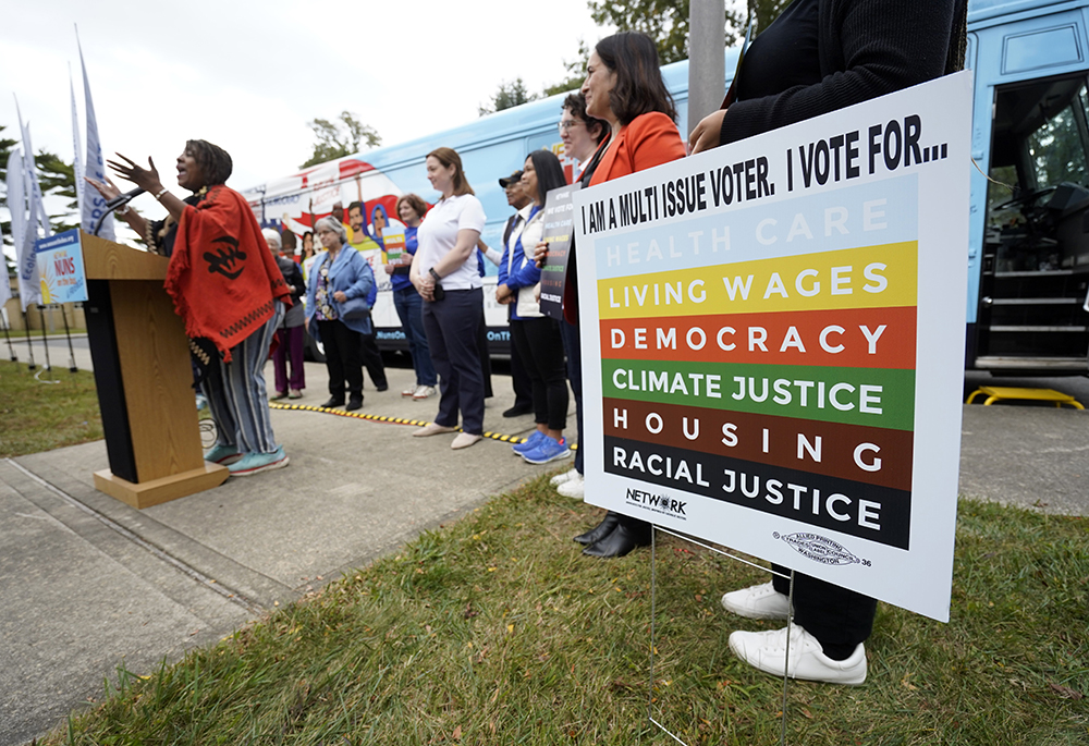 Participants gather at the Nuns on the Bus & Friends rally in Brentwood, New York, on Oct. 2. The event was part of the 2024 "Vote Our Future" national bus tour sponsored by Network, a Catholic social justice advocacy nonprofit. The tour began Sept. 30 in Philadelphia and concluded Oct. 18 in San Francisco. (OSV News/Gregory A. Shemitz)