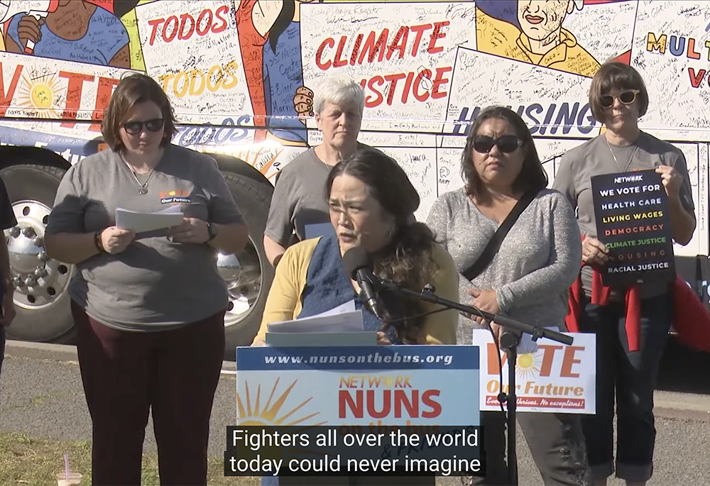 Evelyn Rodriguez speaks Friday, Oct. 18, at the Nuns on the Bus closing rally in San Francisco. (GSR screenshot)