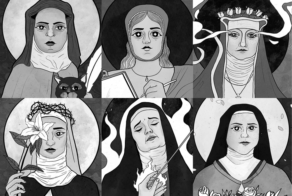 Illustrations of the six Catholic female mystics in history from The Mystics Would Like a Word, written by Shannon K. Evans, NCR culture and spirituality editor. The illustrations are clockwise, from upper left, St. Julian of Norwich, Margery Kempe, St. Hildegard of Bingen, St. Thérèse of Lisieux, St. Teresa of Avila and St. Catherine of Siena. (Illustrations by Dani/andhersaints)