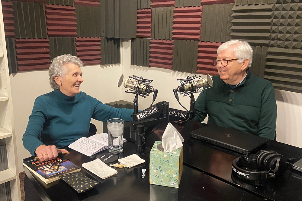 Benedictine Sr. Joan Chittister and former NCR editor Tom Roberts record the podcast "Risking the Questions." (Benetvision/Jacqueline Small)