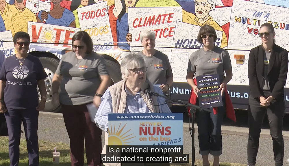 Sr. Patricia Harney, who has worked for Mercy Housing for 34 years, speaks Friday, Oct. 18, at the Nuns on the Bus closing rally in San Francisco. (GSR screenshot)