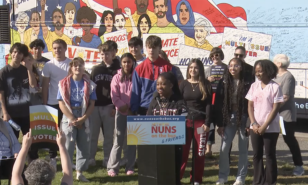 Young-adult participants chant slogans Friday, Oct. 18, at the Nuns on the Bus closing rally in San Francisco. (GSR screenshot)